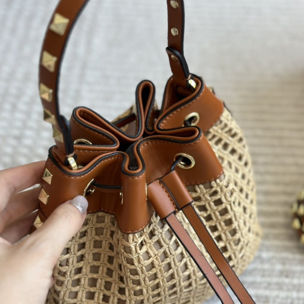 Valentino Rockstud Woven Bucket Bag Brown 19cm