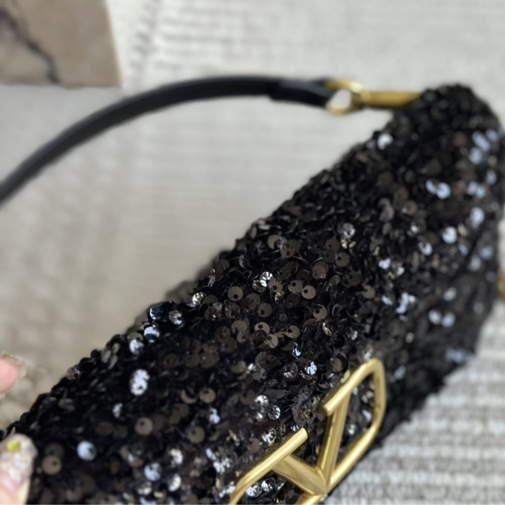 Valentino Loco Medium Vlogo Sequins Shoulder Bag Black 26cm