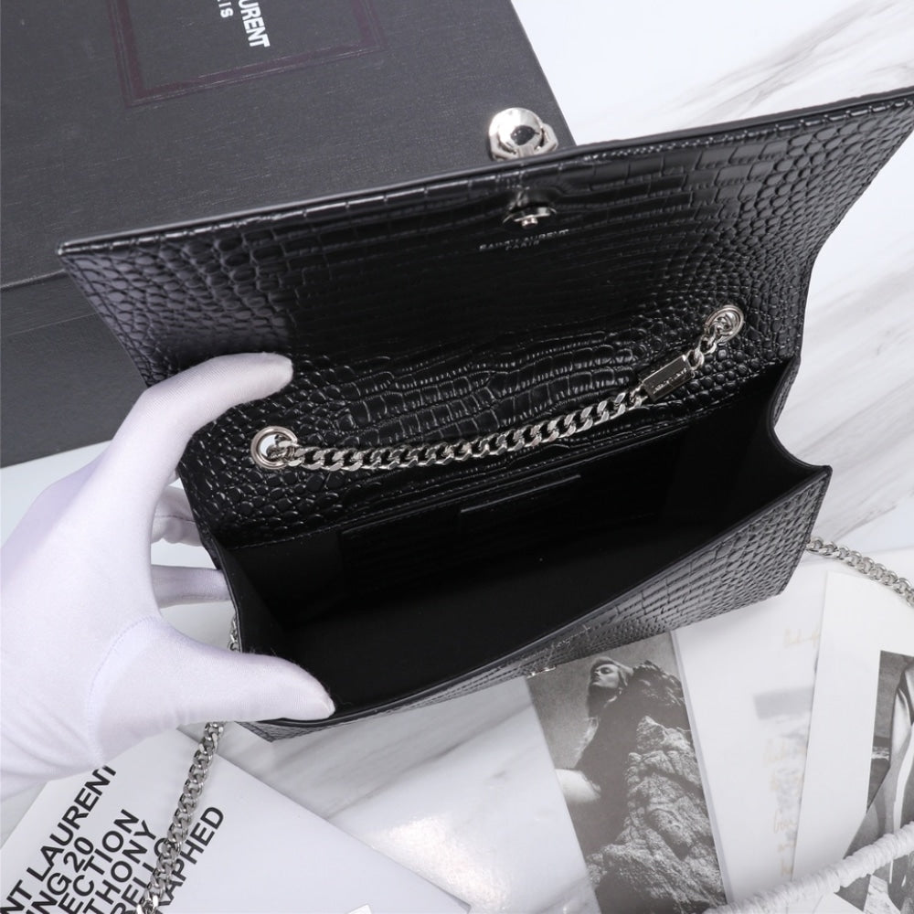 Saint Laurent Kate Medium Tassel In Crocodile Mirror Effect Black 24cm