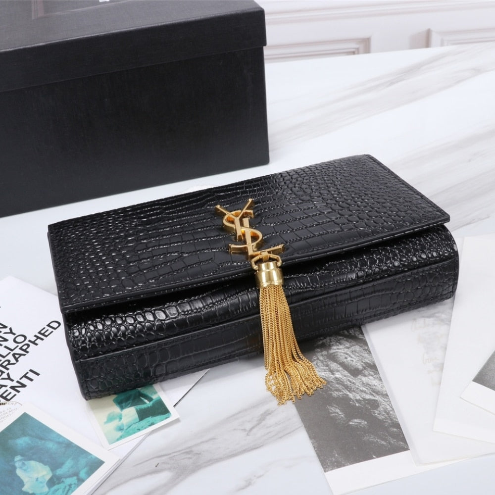Saint Laurent Kate Medium Tassel In Crocodile Black 24cm