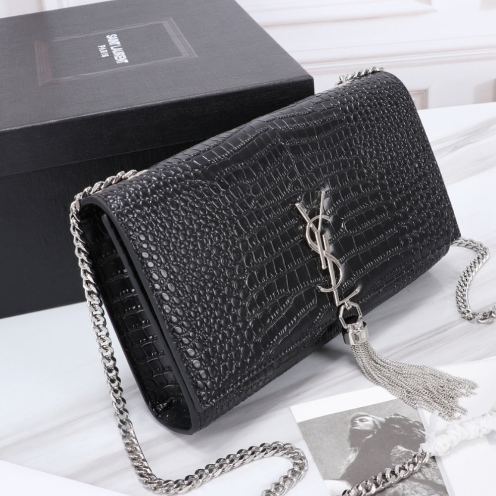 Saint Laurent Kate Medium Tassel In Crocodile Mirror Effect Black 24cm