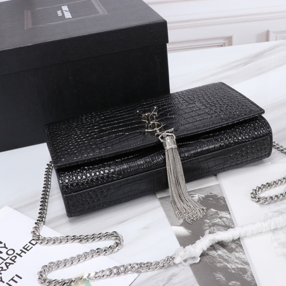 Saint Laurent Kate Medium Tassel In Crocodile Mirror Effect Black 24cm