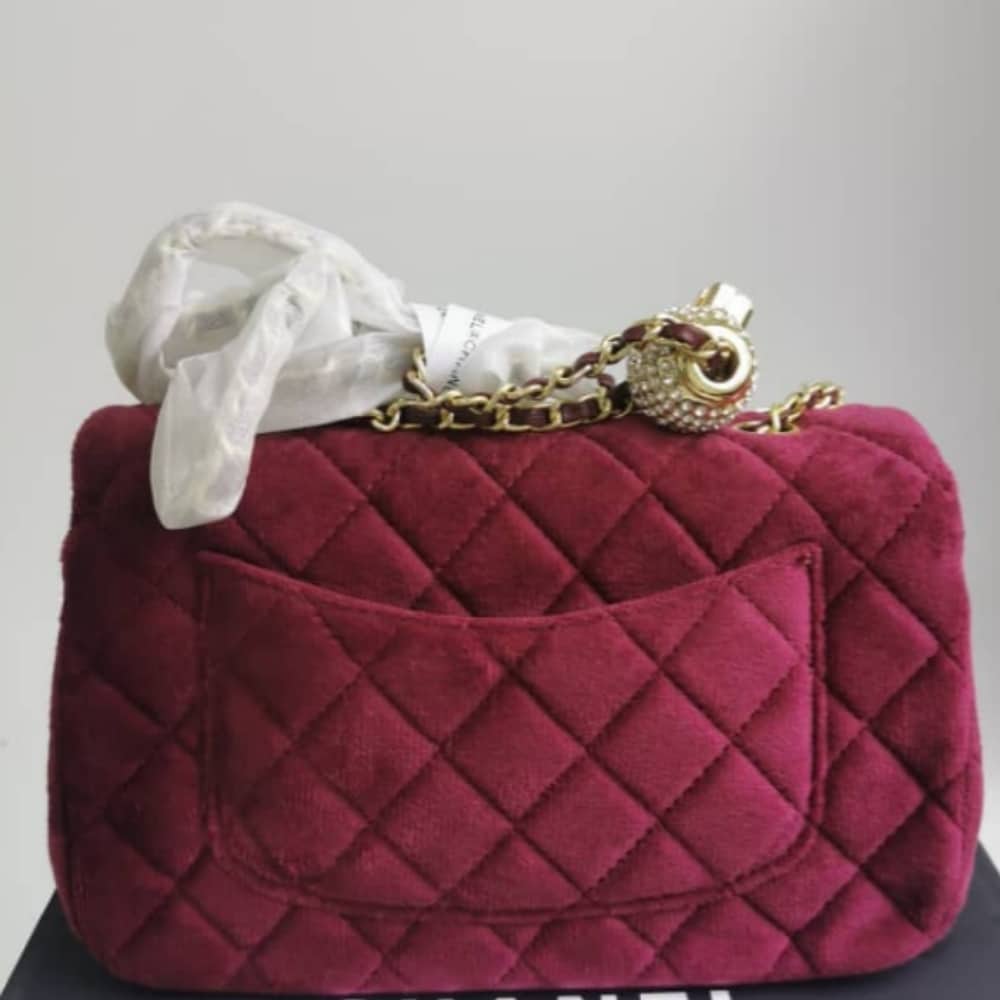 Chanel Velvet Pearl Crush Mini Flap Bag Burgundy 20cm