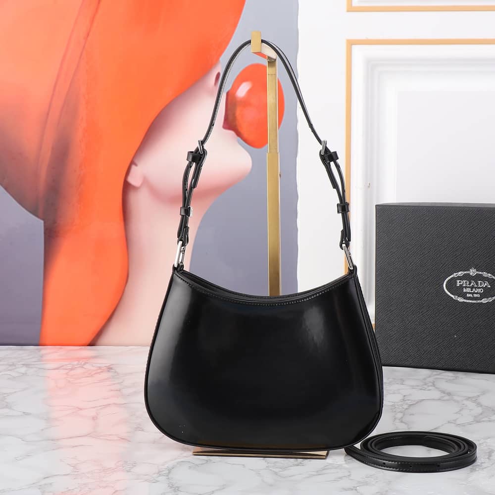 Prada Cleo Brushed Leather Shoulder Bag Black 27Cm 1BC499 ZO6 F0002 V OOO