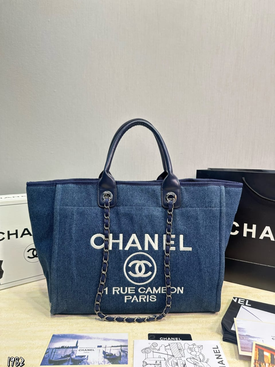Chanel Deauville Medium Tote In Denim Silver Tone Dark Blue 38cm