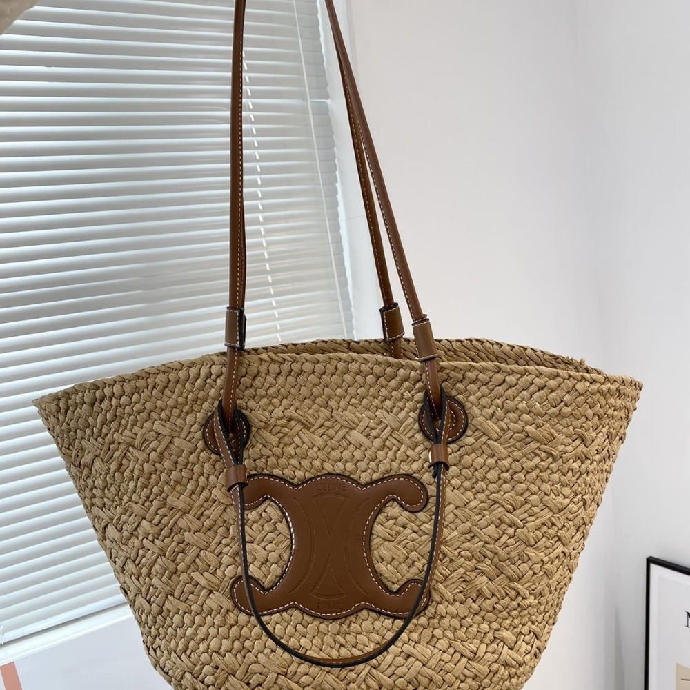 Celine Triomphe Panier Raffia In Palm Tan 50cm