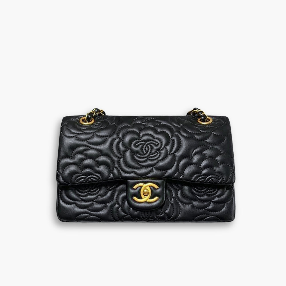 Chanel Flap Bag with Camellia Flower Chain Black 26cm