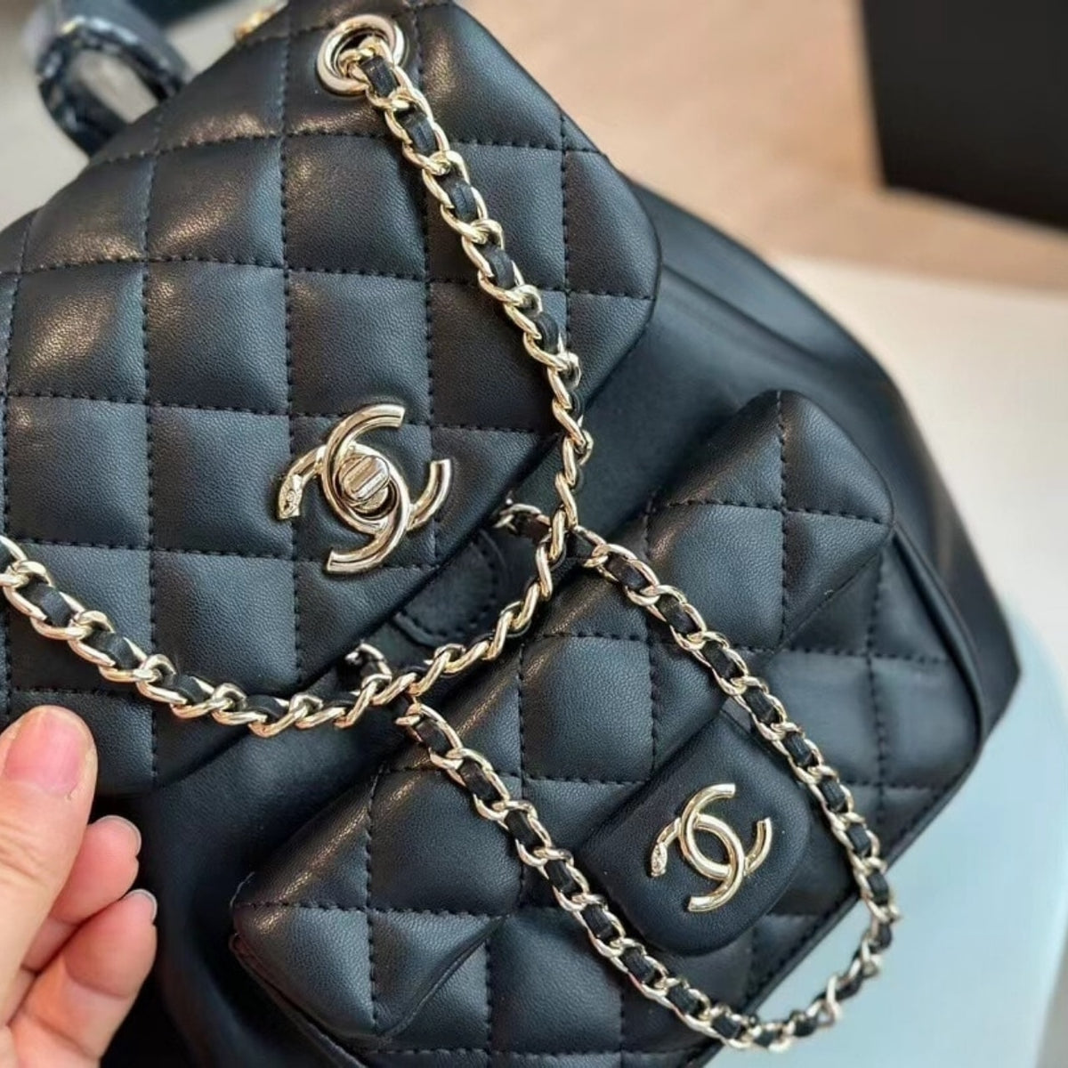 Chanel 22 Mini Duma Backpack With Gold Hardware Black 20cm