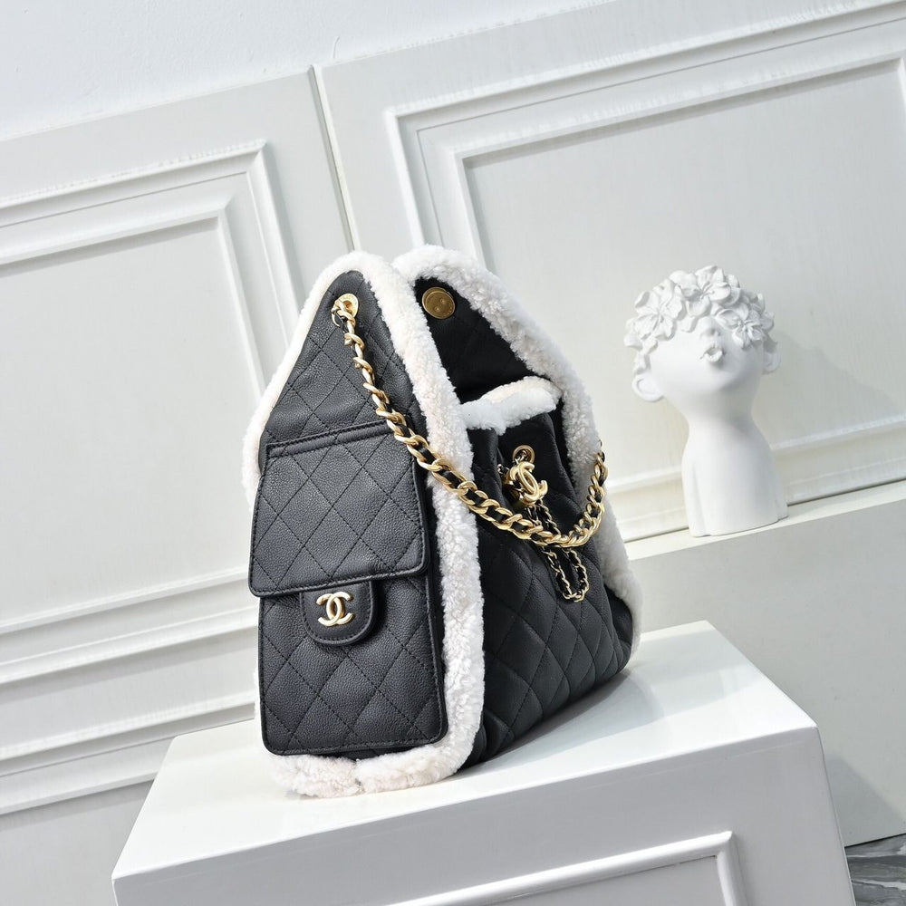 Mirror Quality – Chanel 25 Small Handbag Gold Tone Metal Black And White 26Cm AS5293 B22309 U4139