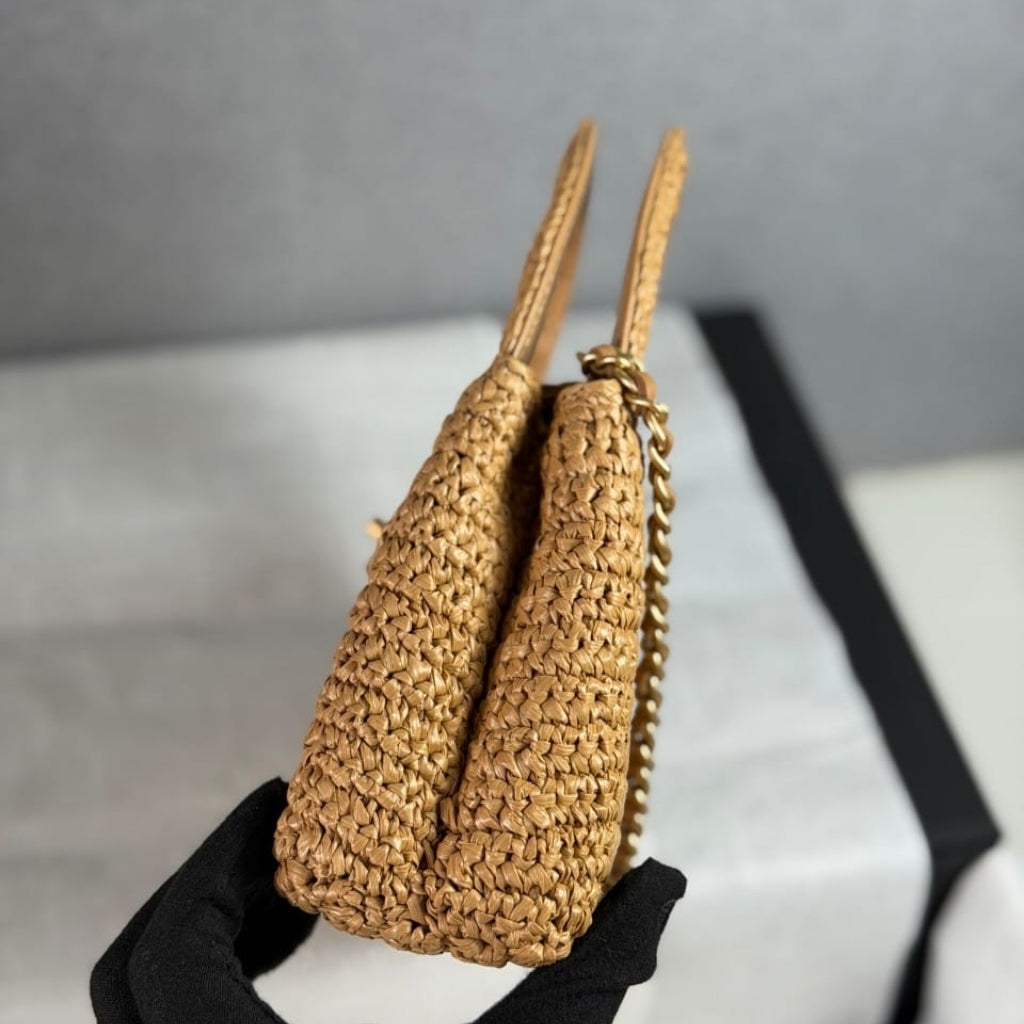 Mirror Quality – Chanel Mini Shopping Bag Braided Raffia And Gold Tone Dark Beige 19Cm AS4416 B22677 U5552
