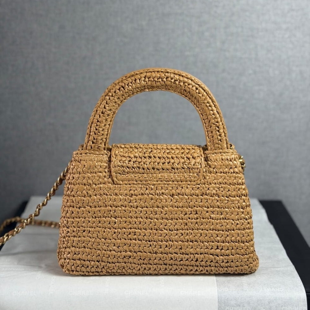 Mirror Quality – Chanel Mini Shopping Bag Braided Raffia And Gold Tone Dark Beige 19Cm AS4416 B22677 U5552