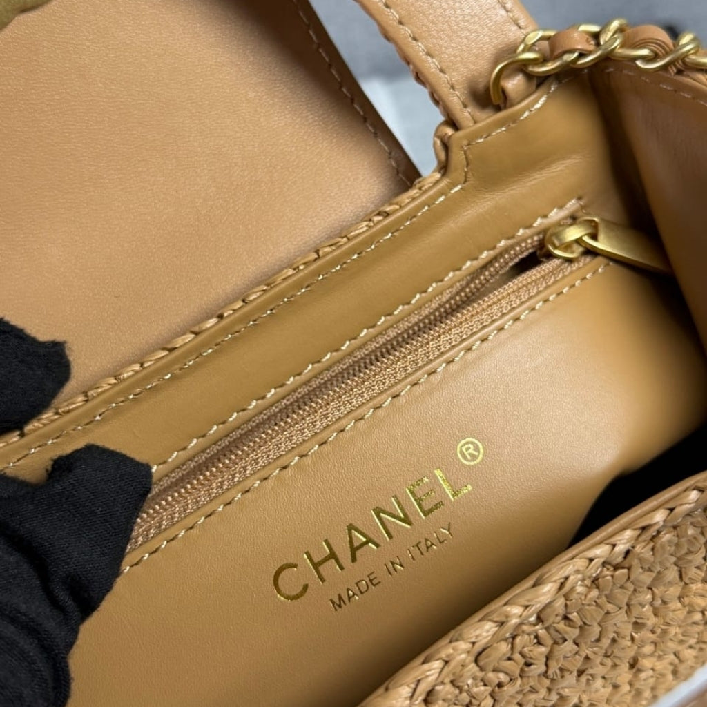 Mirror Quality – Chanel Mini Shopping Bag Braided Raffia And Gold Tone Dark Beige 19Cm AS4416 B22677 U5552