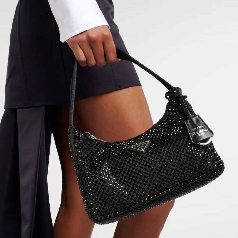 Prada Re Edition Mini Satin Bag With Crystals Black 22Cm 1BC515 2AWL F0002 V OOO