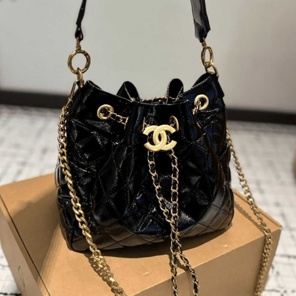 Chanel Draw String Bucket Bag Black 27Cm