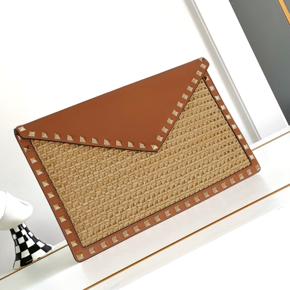 Valentino Garavani Rockstud Raffia Clutch Bag Brown