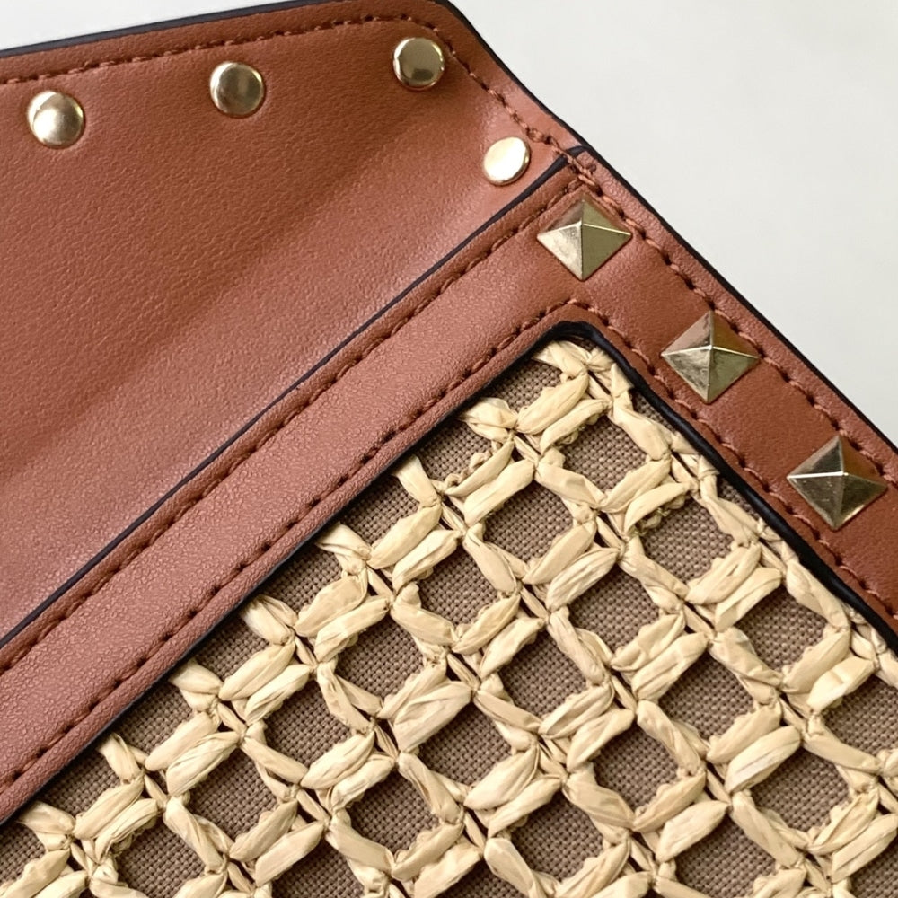 Valentino Garavani Rockstud Raffia Clutch Bag Brown