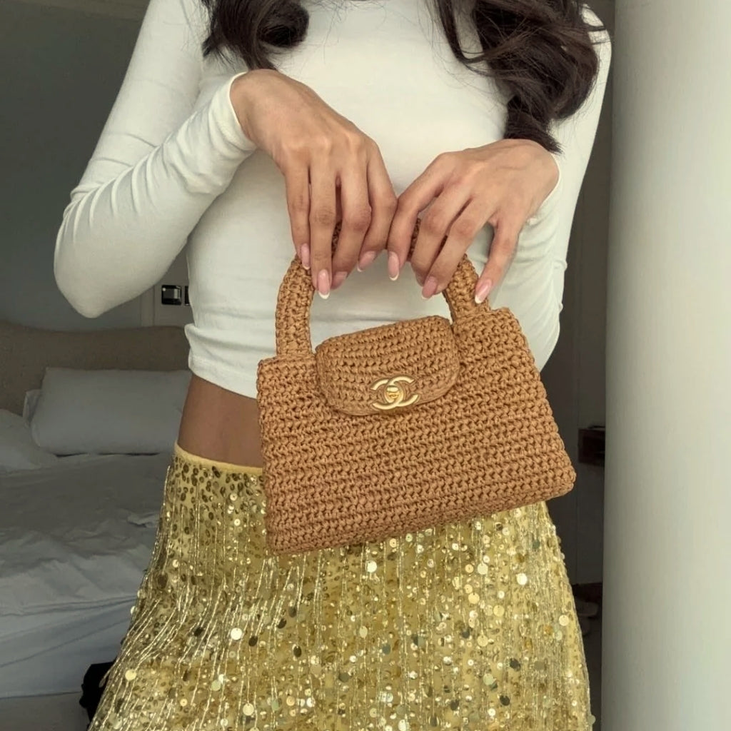Mirror Quality – Chanel Mini Shopping Bag Braided Raffia And Gold Tone Dark Beige 19Cm AS4416 B22677 U5552
