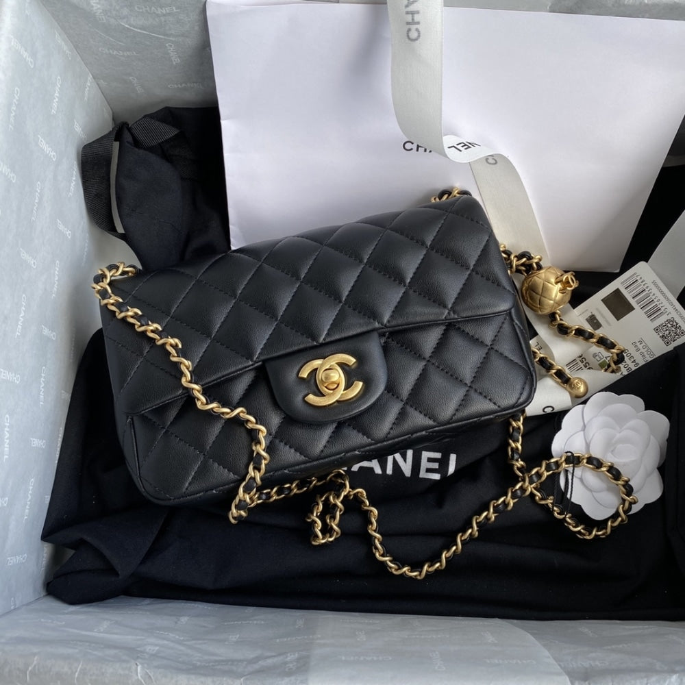 Chanel Mini Classic Handbag Pearl Crush Black 20cm