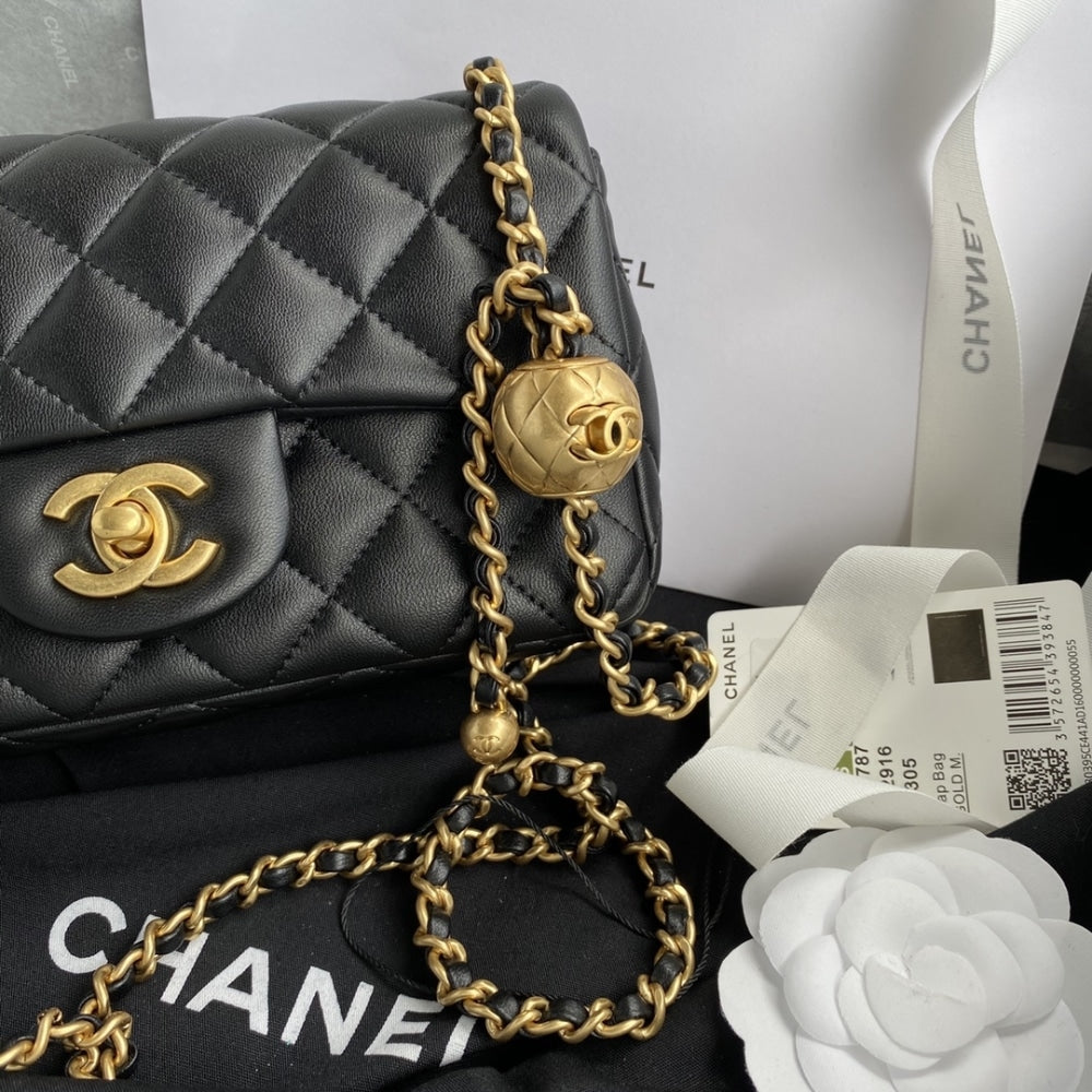 Chanel Mini Classic Handbag Pearl Crush Black 20cm