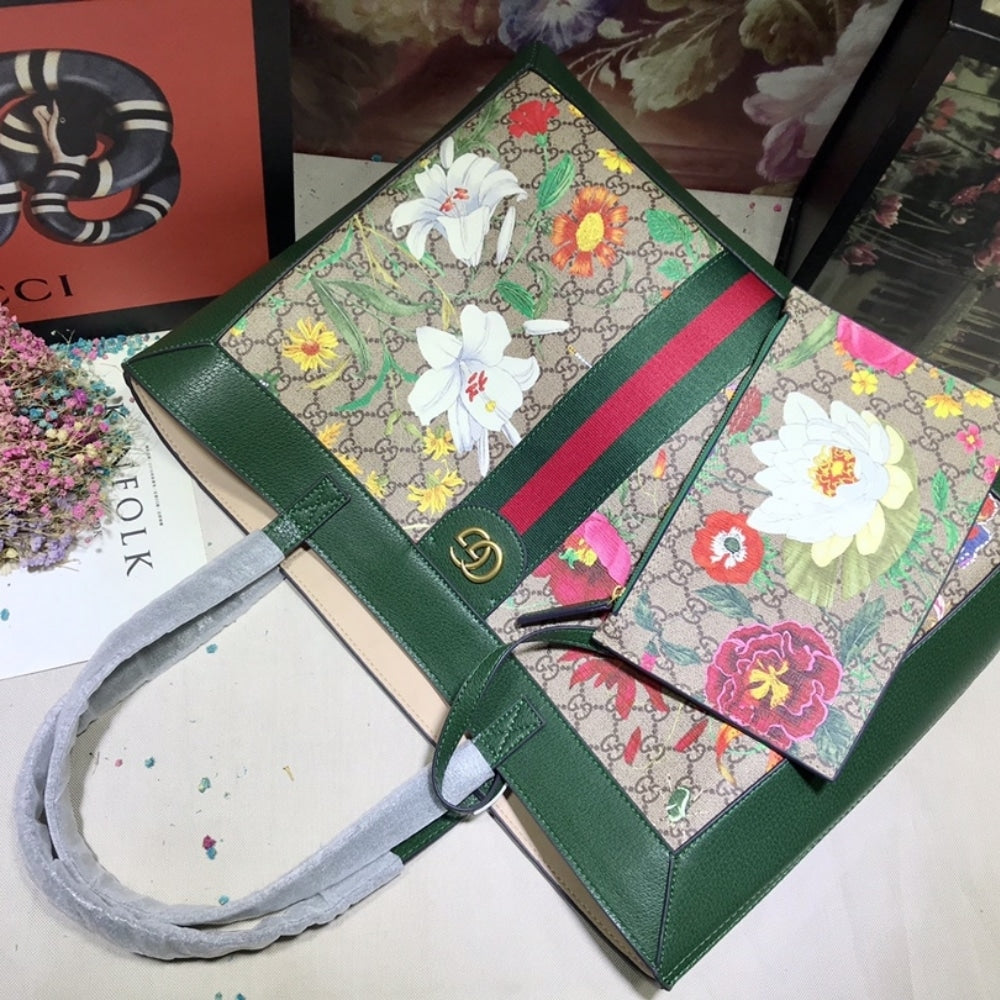 Gucci Ophidia GG Flora Medium Tote In Green 44cm