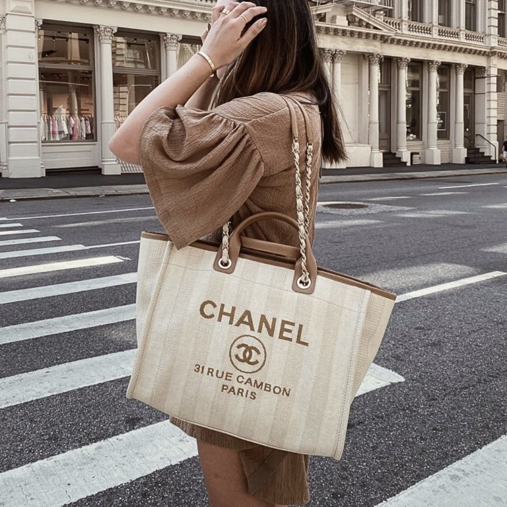 Chanel Deauville Medium Tote Beige And Brown Canvas 38cm