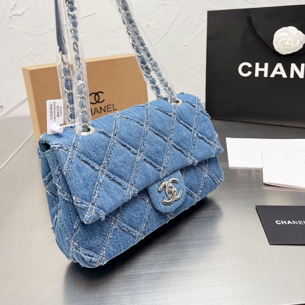 Chanel CC Chain Flap Quilted Denim Jumbo Blue 25cm