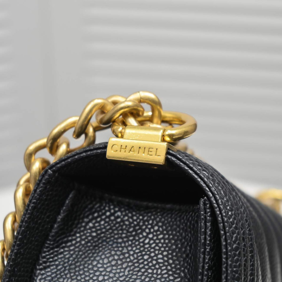 Chanel Boy Chevron Medium Handbag Black In Gold 25cm