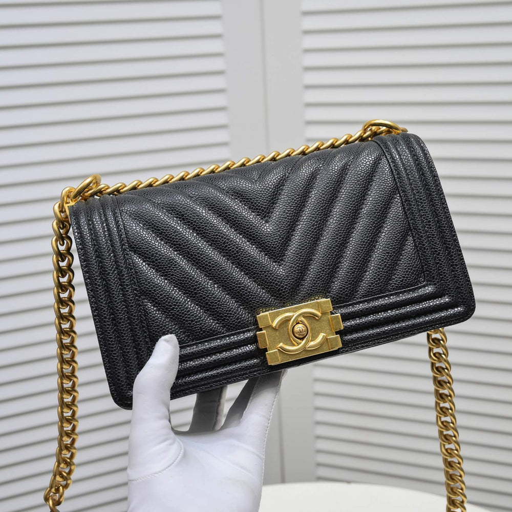 Chanel Boy Chevron Medium Handbag Black In Gold 25cm