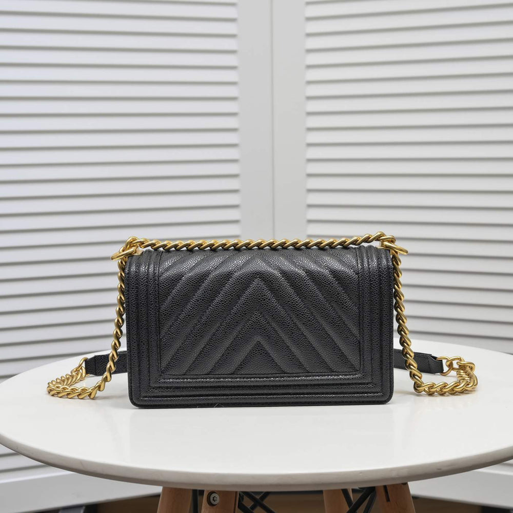 Chanel Boy Chevron Medium Handbag Black In Gold 25cm