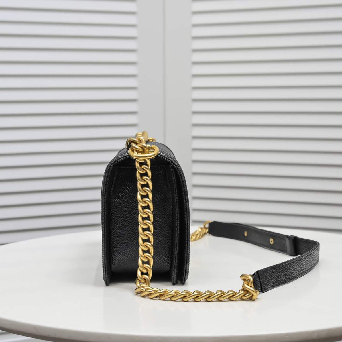 Chanel Boy Chevron Medium Handbag Black In Gold 25cm