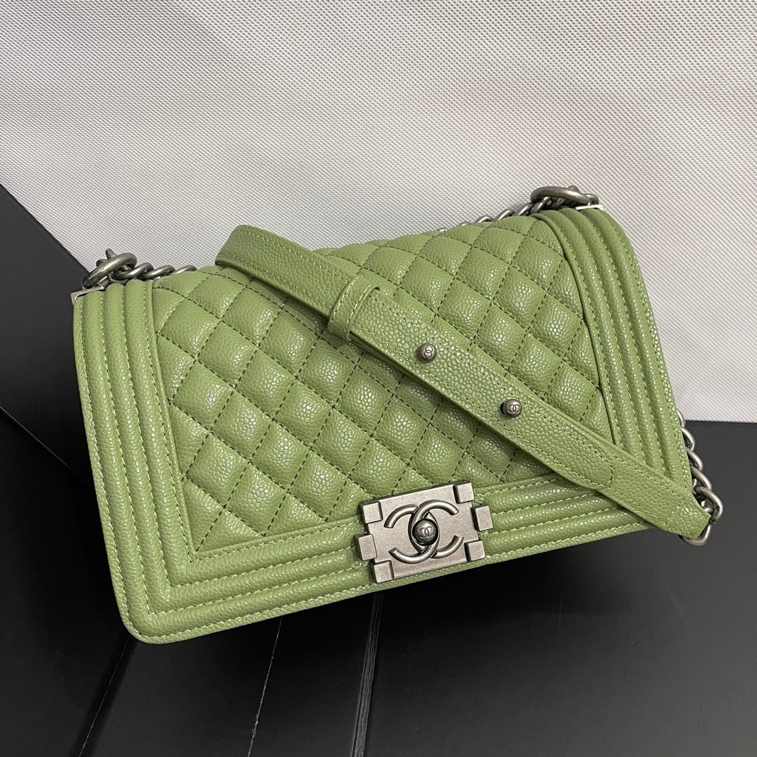 Chanel Boy Medium Handbag Metal Olive 25cm