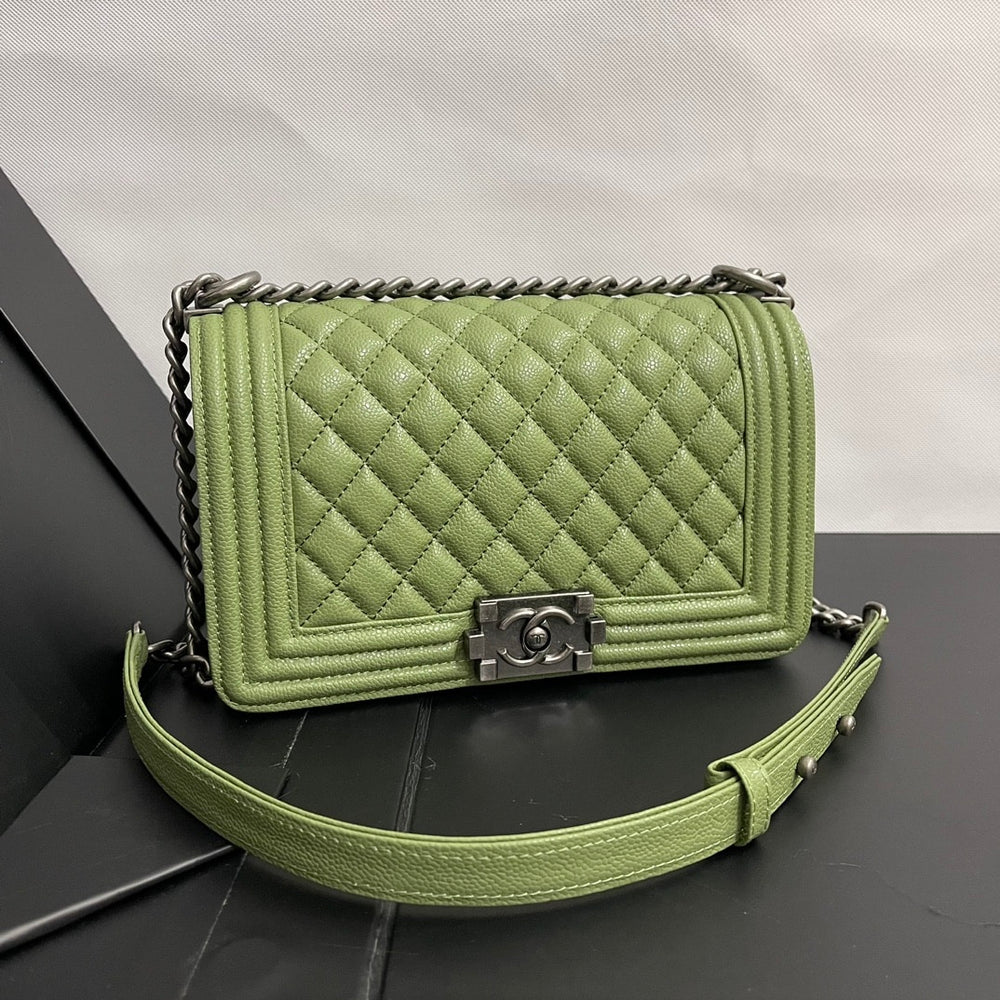 Chanel Boy Medium Handbag Metal Olive 25cm
