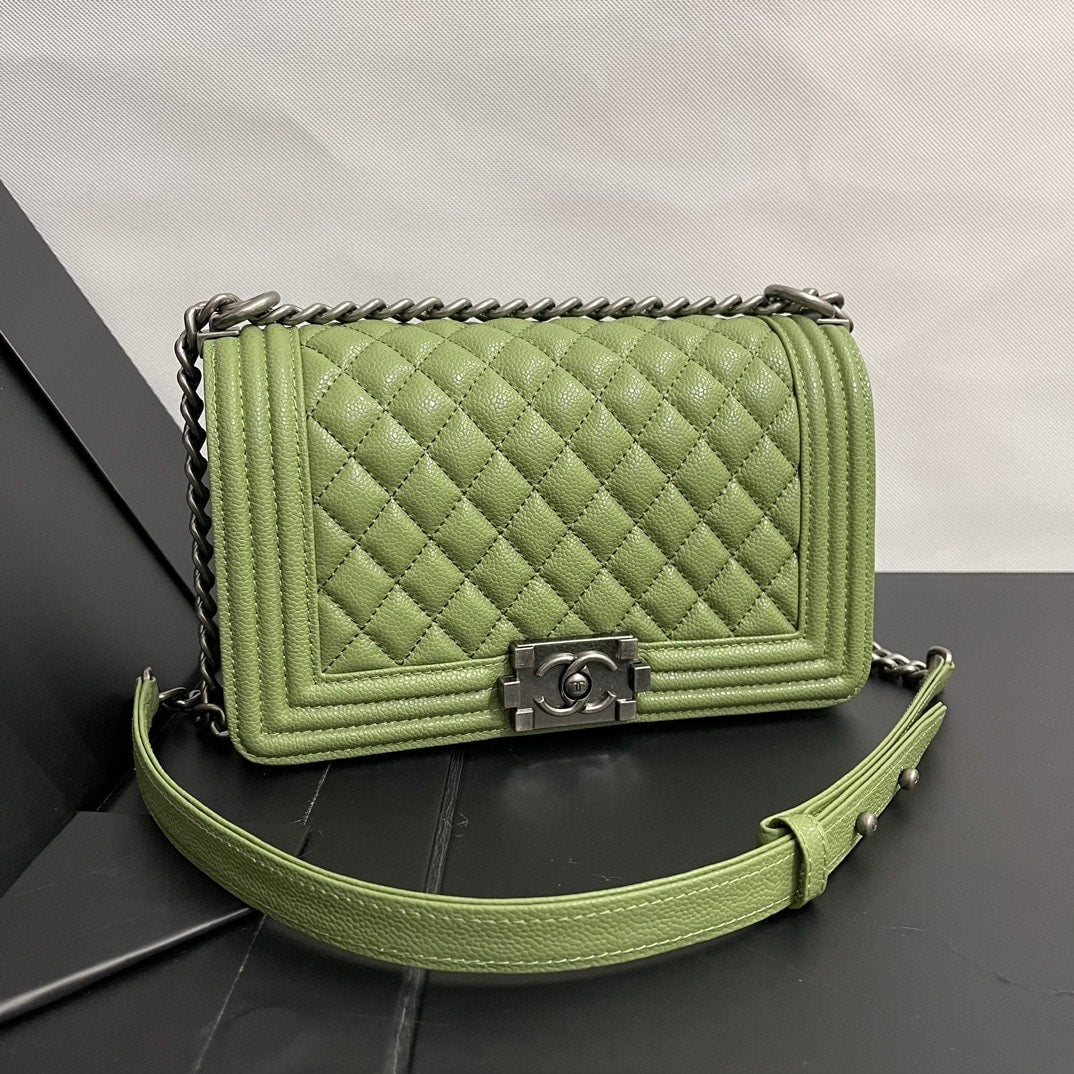 Chanel Boy Medium Handbag Metal Olive 25cm