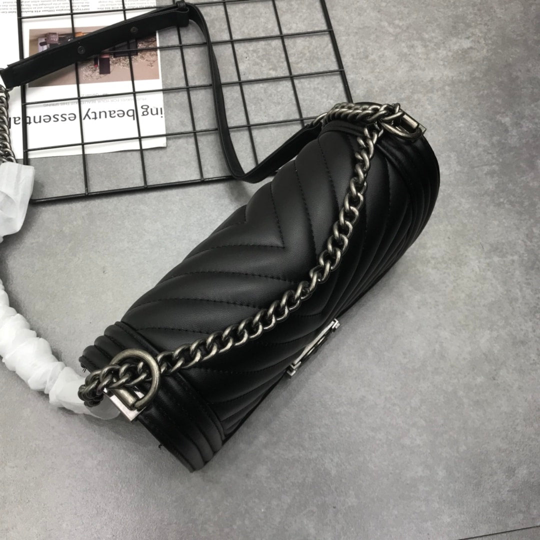 Chanel Boy Chevron Medium Handbag In Silver Black 25cm