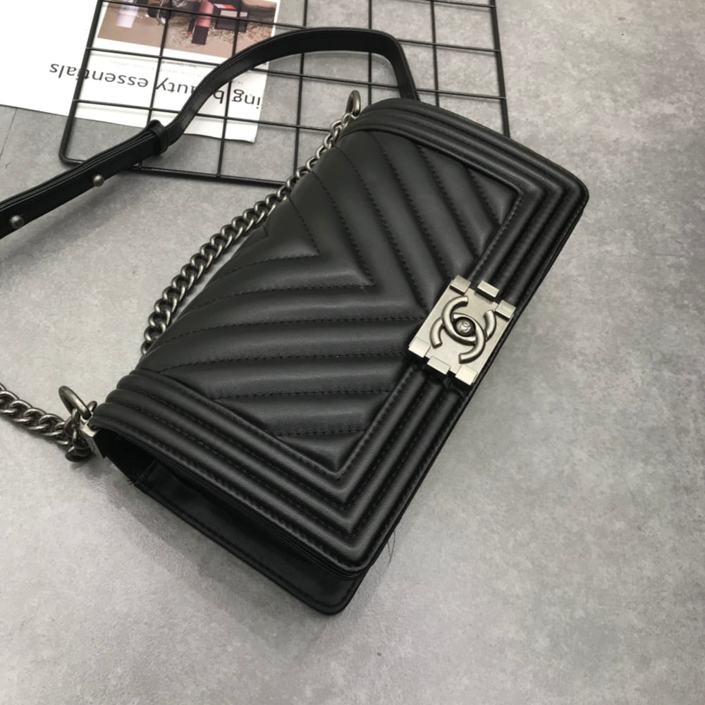 Chanel Boy Chevron Medium Handbag In Silver Black 25cm