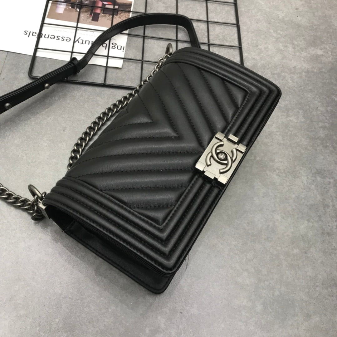 Chanel Boy Chevron Medium Handbag In Silver Black 25cm