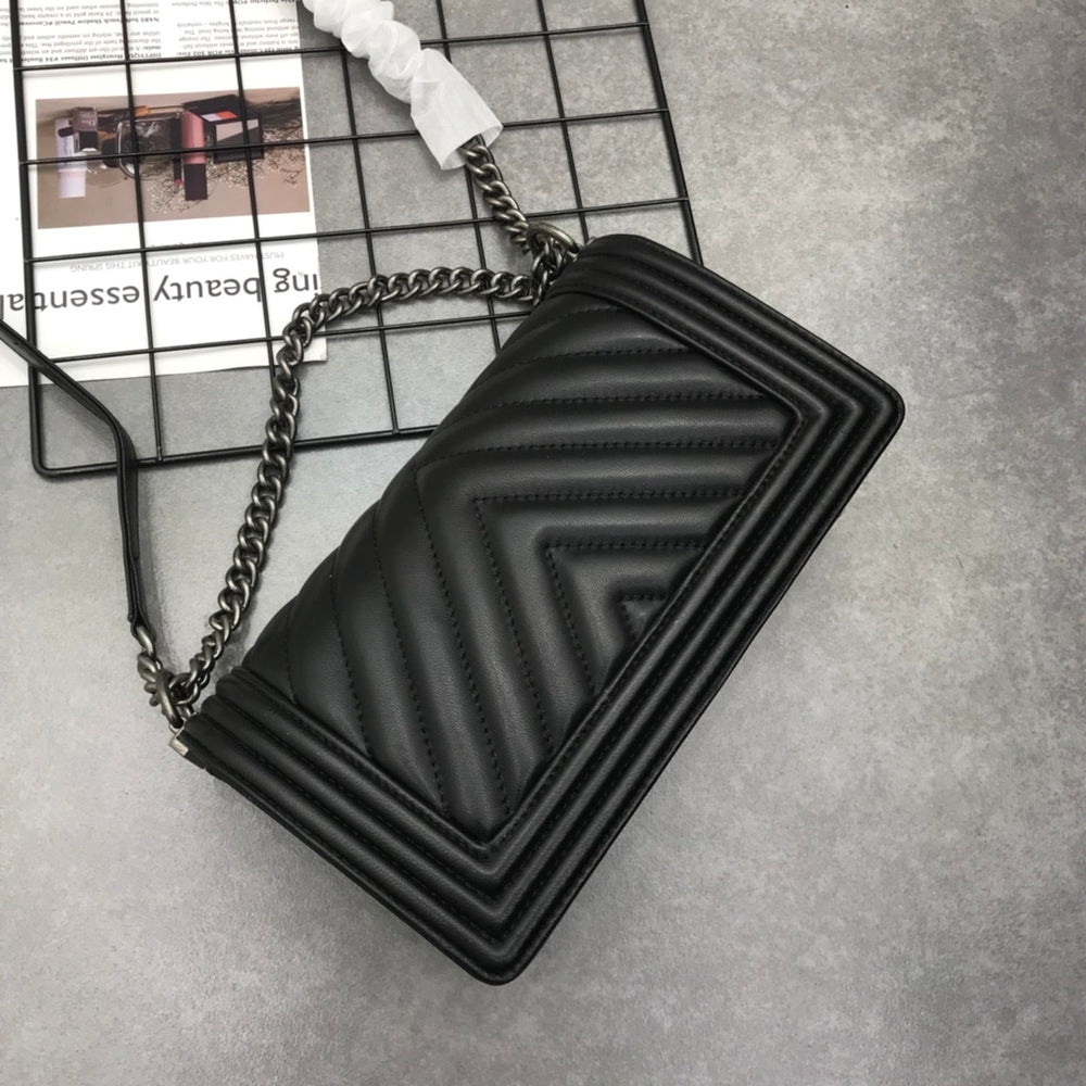 Chanel Boy Chevron Medium Handbag In Silver Black 25cm
