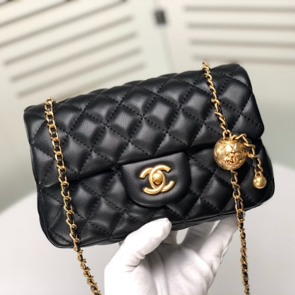 Chanel Flap Bag Mini Rectangular Pearl Crush Gold Black 20Cm AS1787 B18602 94305