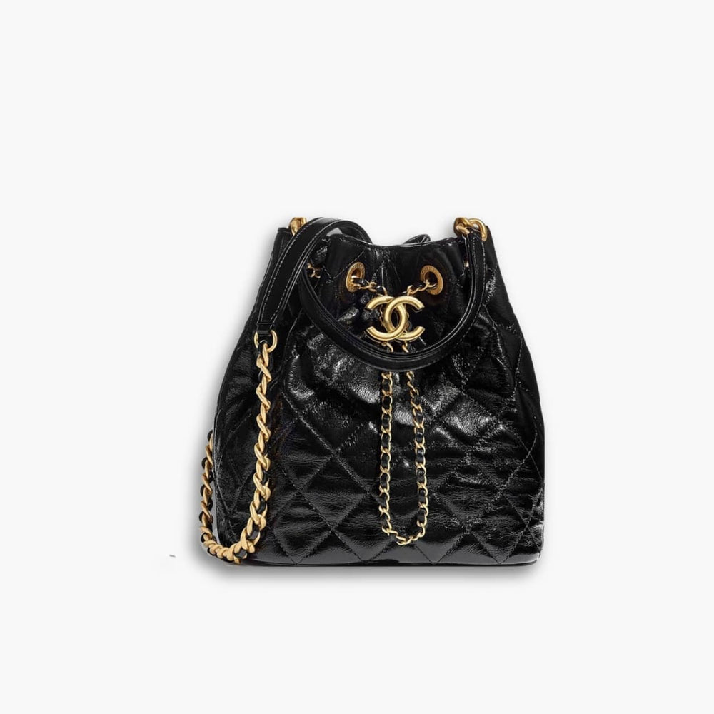 Chanel Draw String Bucket Bag Black 27Cm