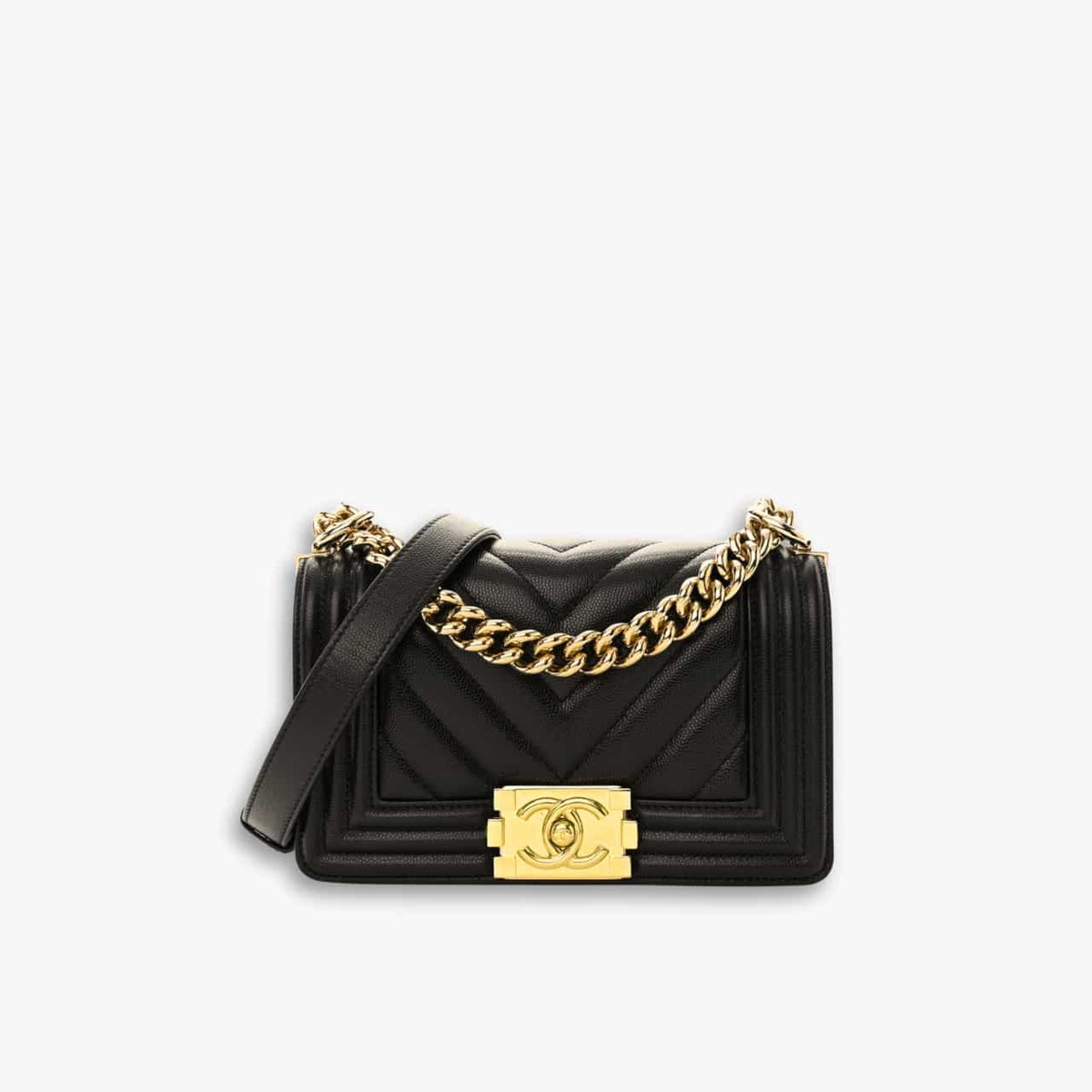 Chanel Boy Chevron Small Handbag Black In Gold 20cm