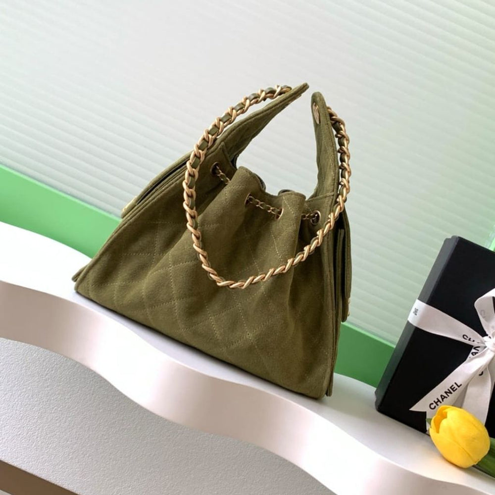 Mirror Quality – Chanel 25 Small Handbag Suede Leather Khaki 26Cm