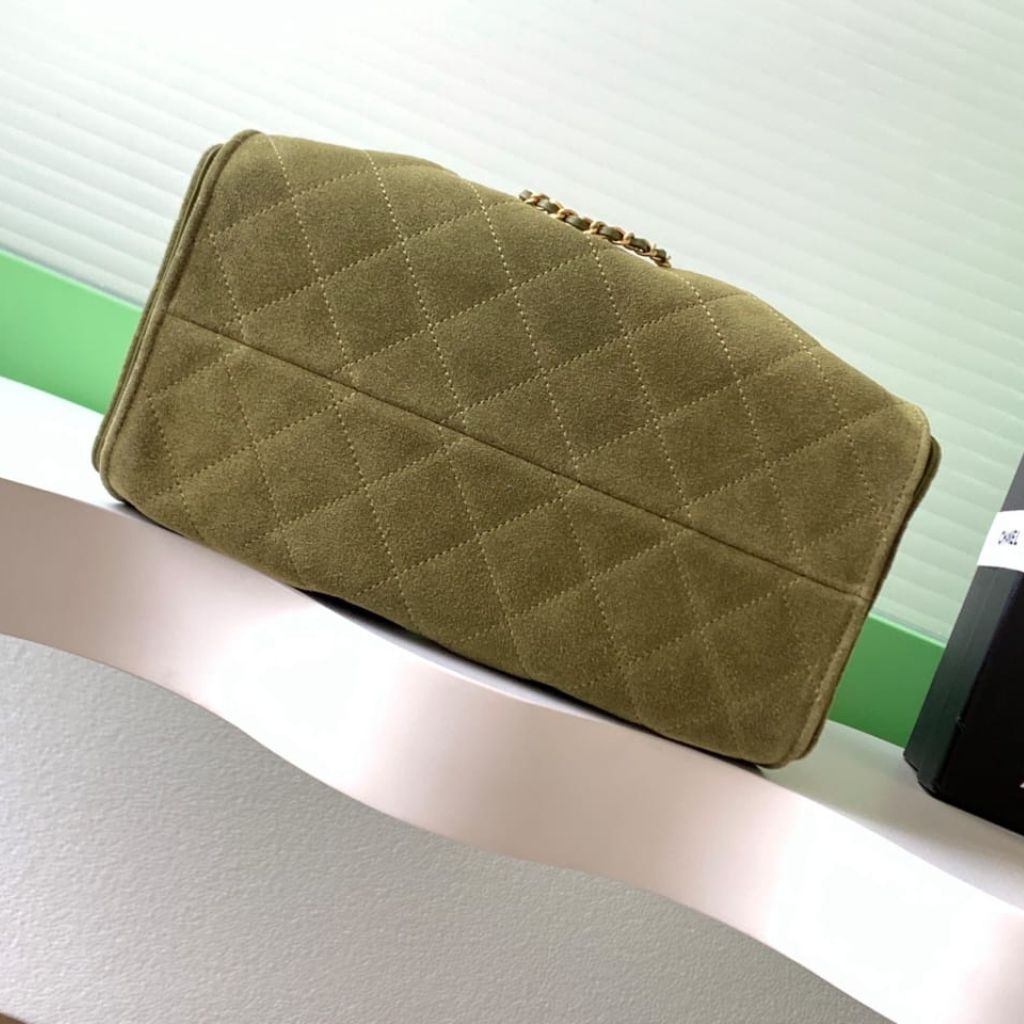 Mirror Quality – Chanel 25 Small Handbag Suede Leather Khaki 26Cm
