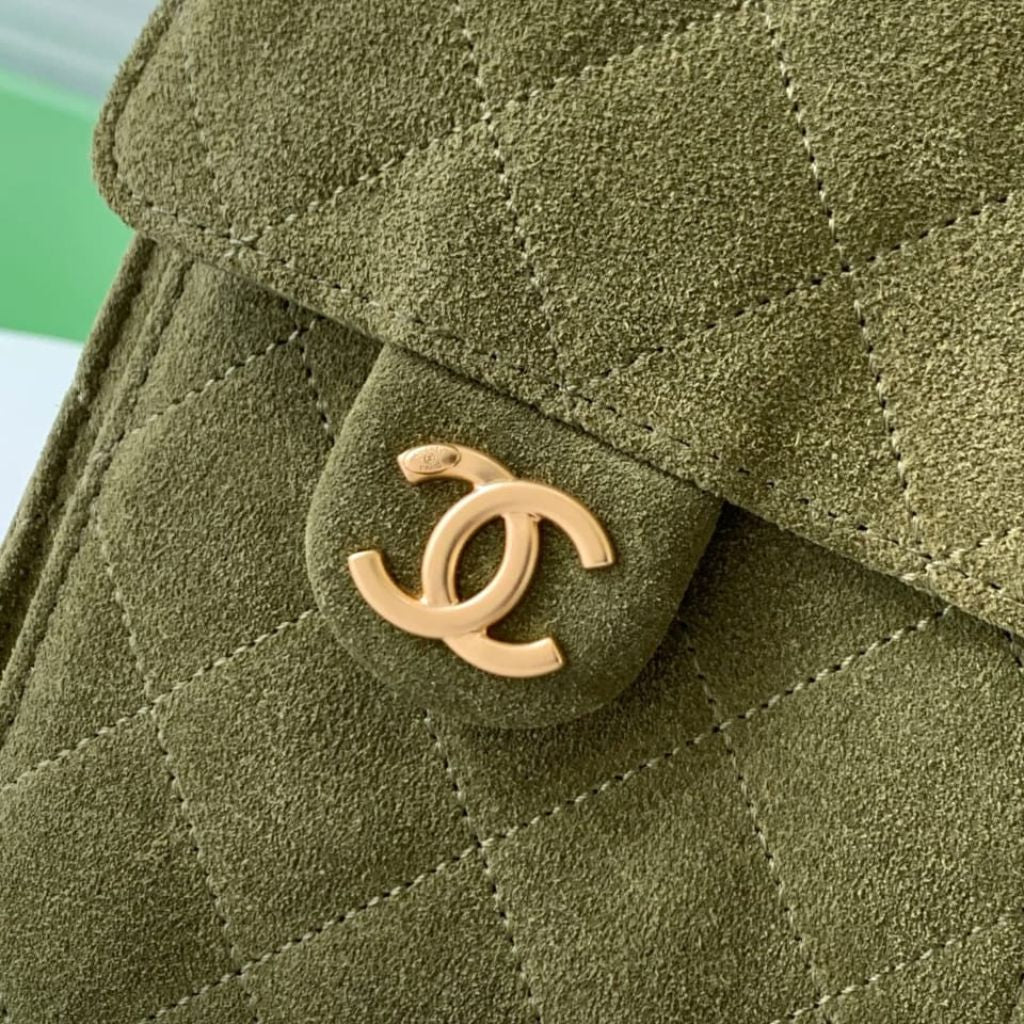 Mirror Quality – Chanel 25 Small Handbag Suede Leather Khaki 26Cm