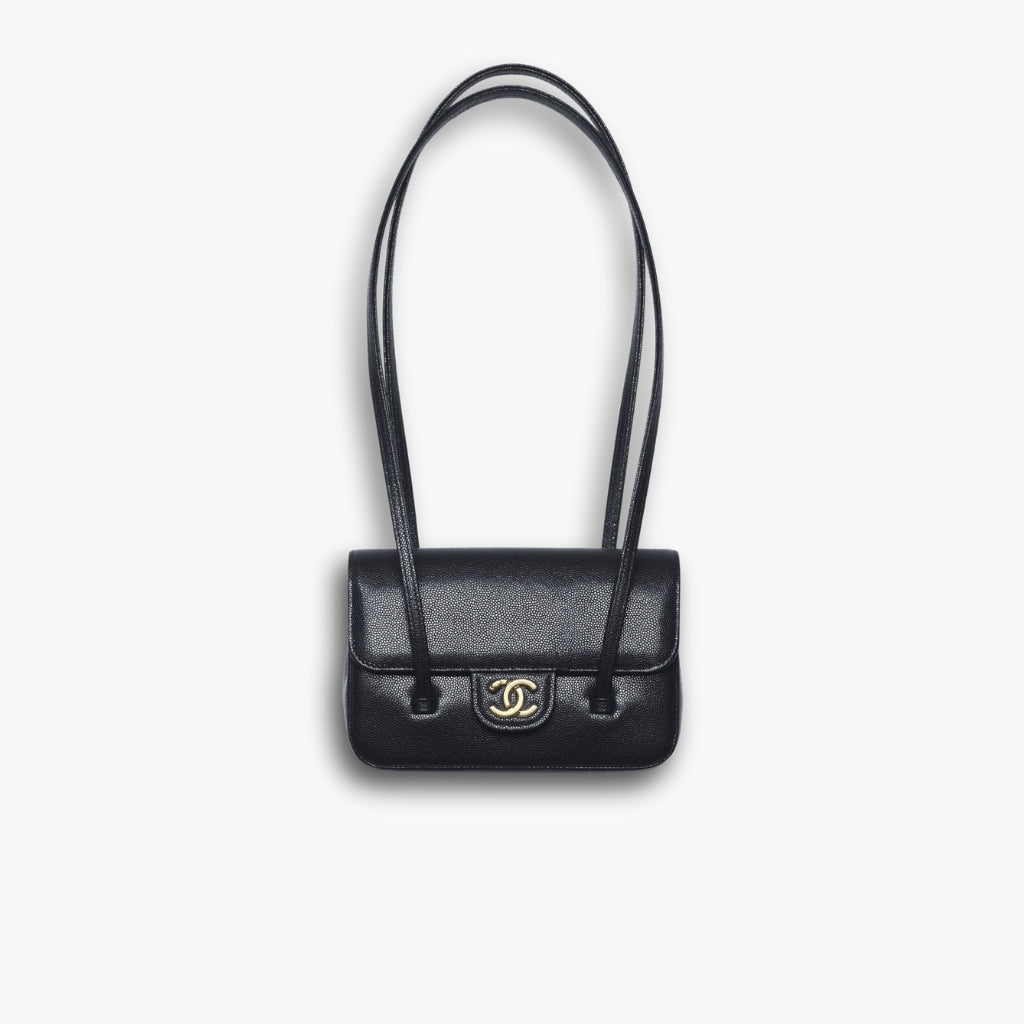 Chanel Clutch Grained Shiny And Gold Tone Black 17cm