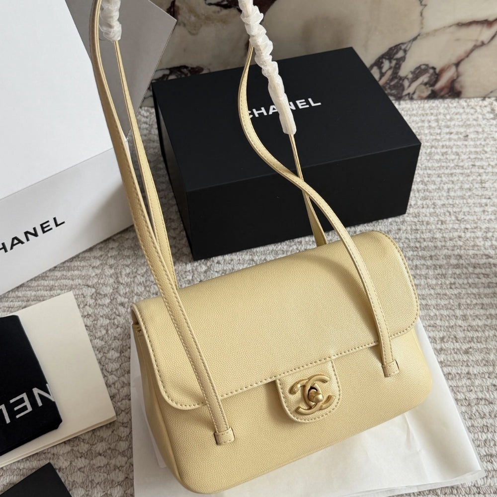 Chanel Small Flap Bag Grained Shiny And Gold Tone Light Yellow 22cm