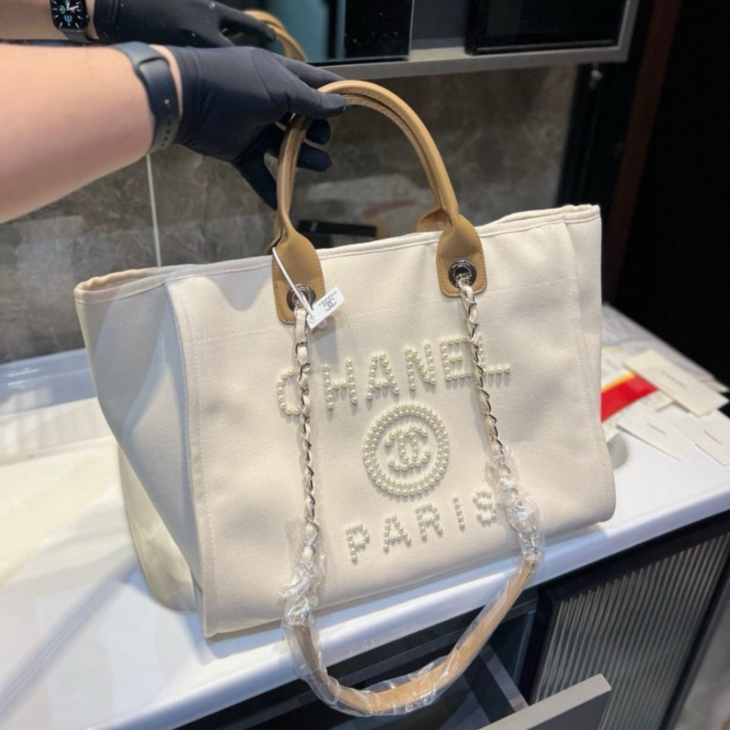 Chanel Deauville Large Tote Shopping Bag Canvas Pearl Light Beige 38cm