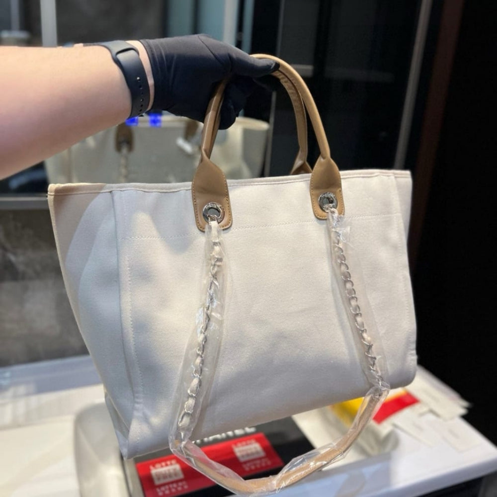 Chanel Deauville Large Tote Shopping Bag Canvas Pearl Light Beige 38cm