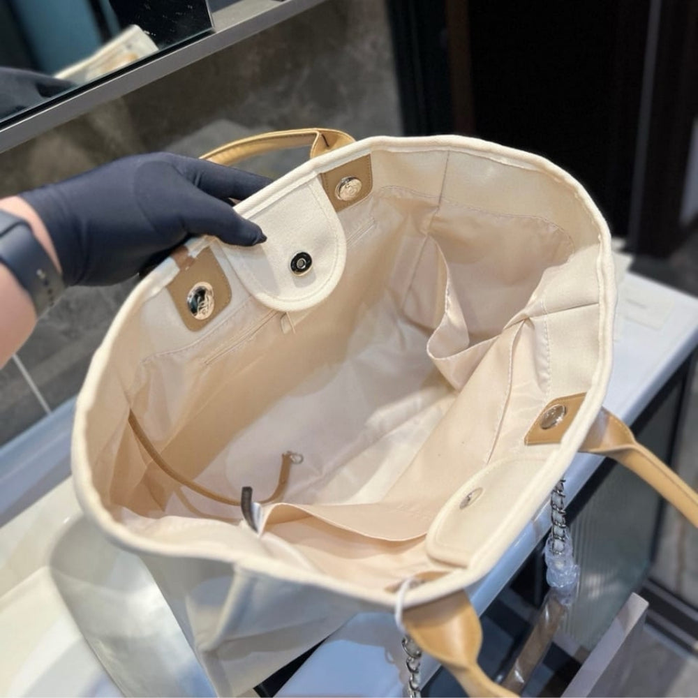 Chanel Deauville Large Tote Shopping Bag Canvas Pearl Light Beige 38cm