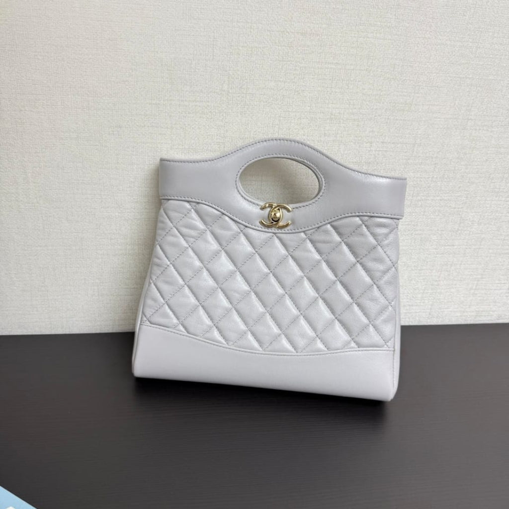 Mirror Quality – Chanel Shopping Bag Quilted Clutch With Chain Gold Tone Metal Grey 24Cm