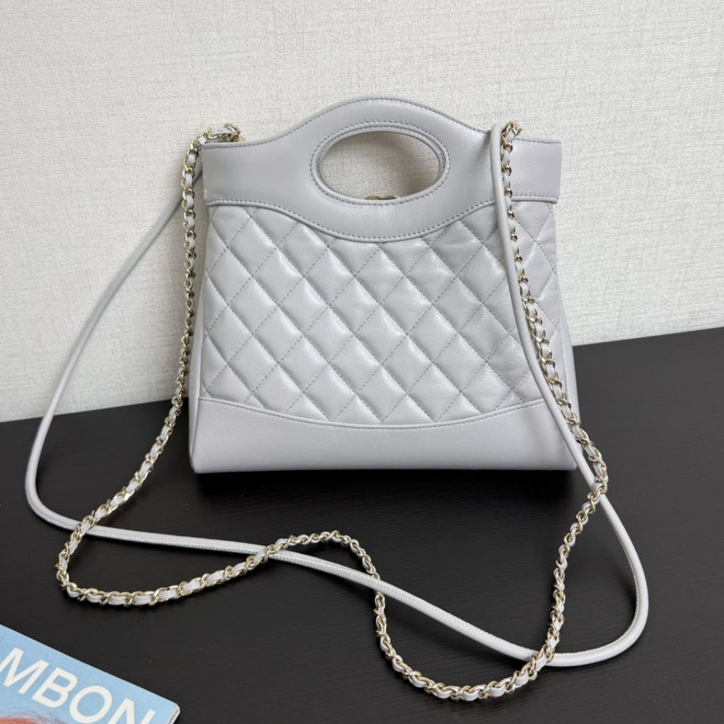 Mirror Quality – Chanel Shopping Bag Quilted Clutch With Chain Gold Tone Metal Grey 24Cm